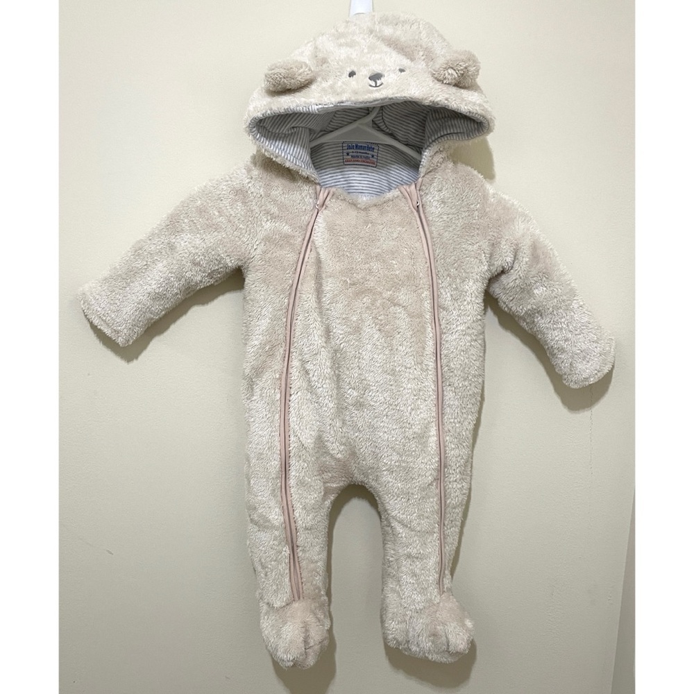 JoJo Maman Bebe Mocha Bear Cozy Pramsuit, Size 9-12 Months